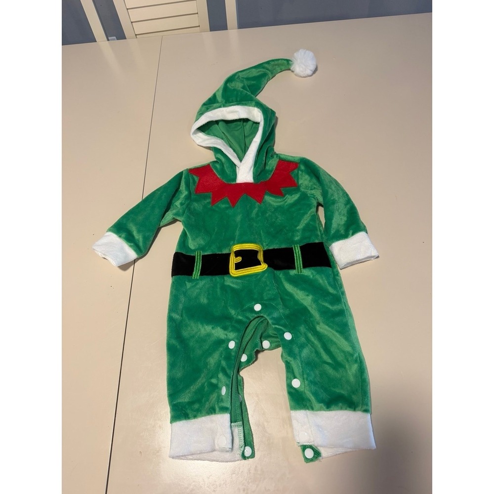 Green Hooded Elf One-Piece Christmas‎ Baby Leg Snaps 6-12 Months